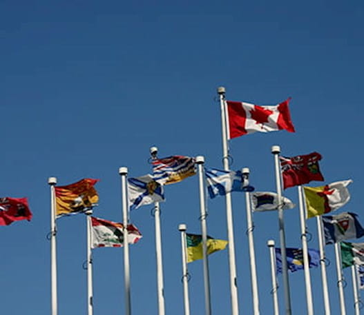 The Canadian flag and all provincial flags waving against a blue sky