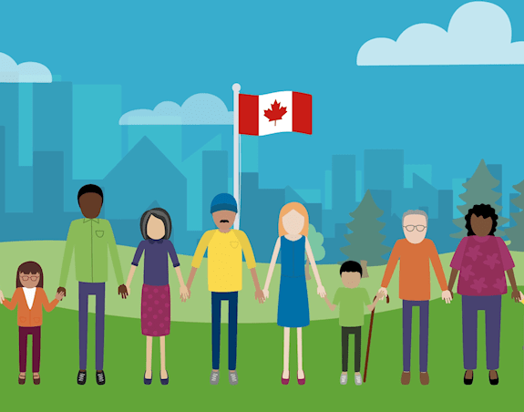 10 people stand in front of a Canadian flag and cityscape holding hands