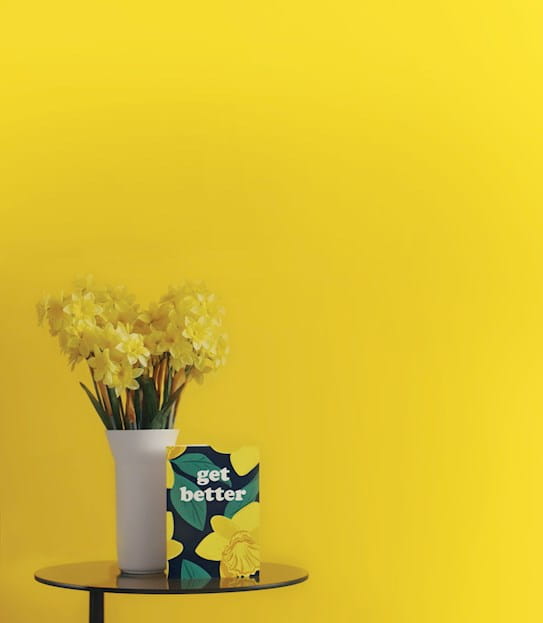 A Get Better card sits on a table beside a vase of daffodils.